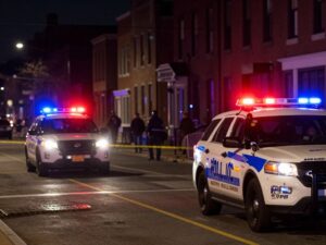Police lights illuminating a North Philadelphia street at night