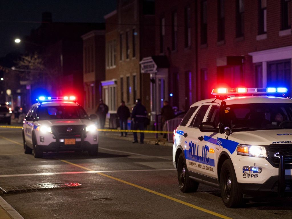 Police lights illuminating a North Philadelphia street at night