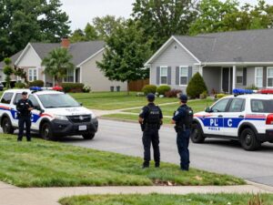Police vehicles at the scene of a standoff in North Whitehall Township