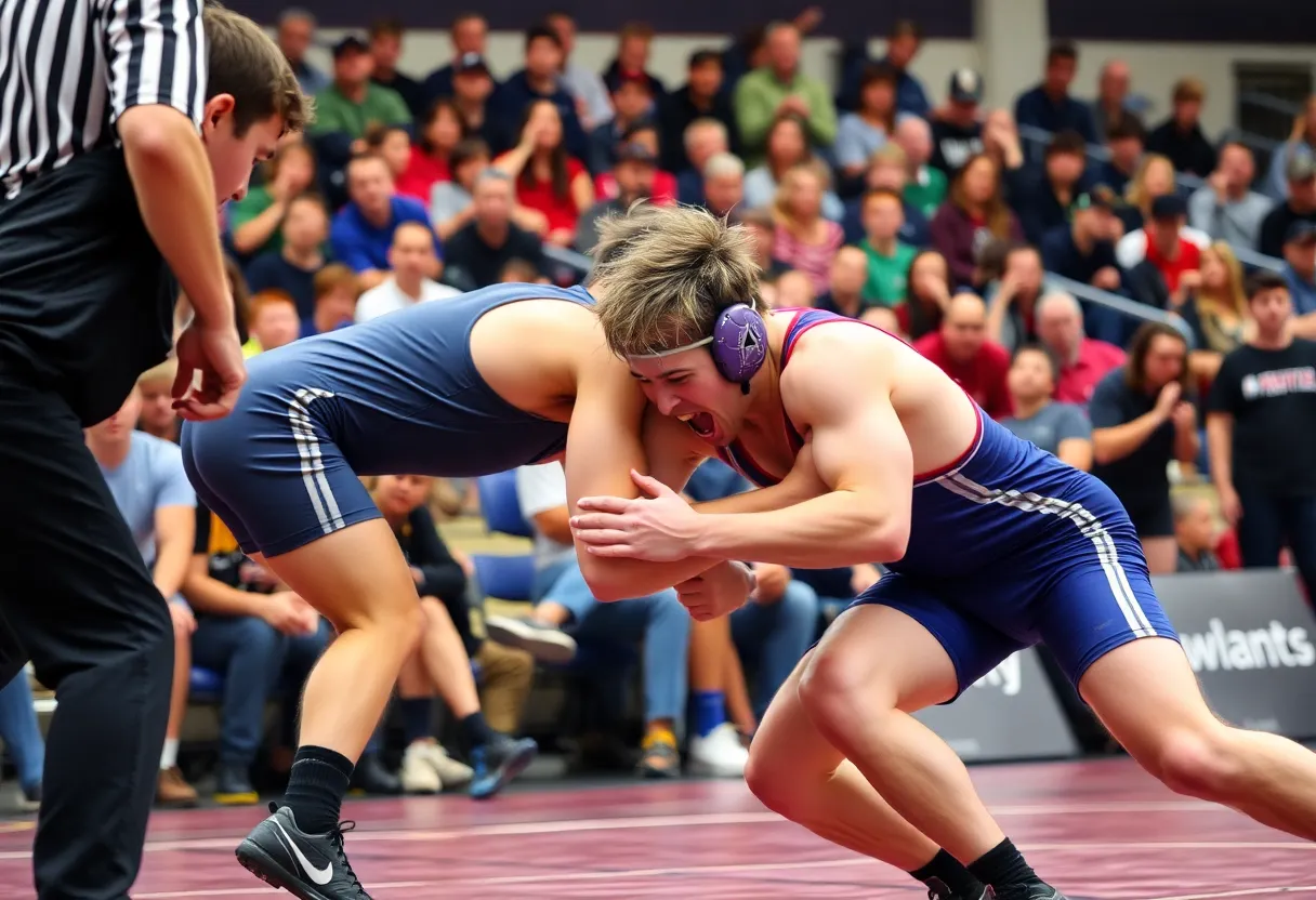 High school wrestlers competing in a match at Northampton.