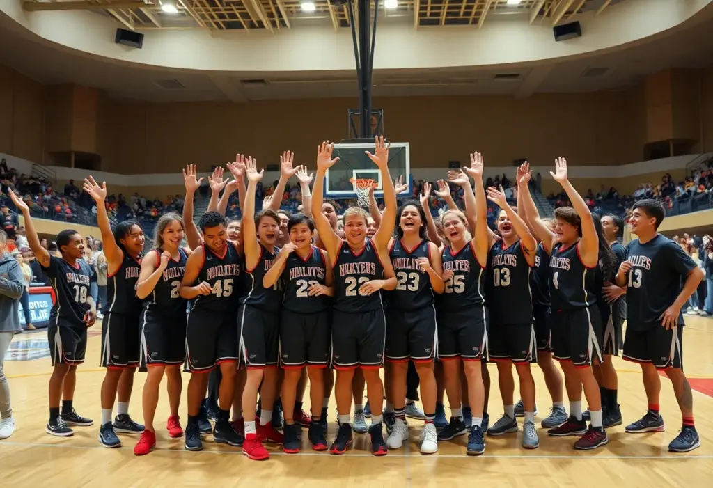 Ontario Christian High School basketball team celebrating after a game victory