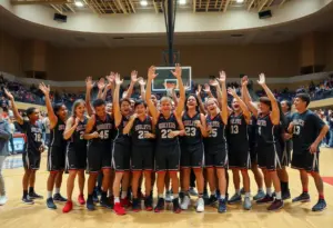 Ontario Christian High School basketball team celebrating after a game victory