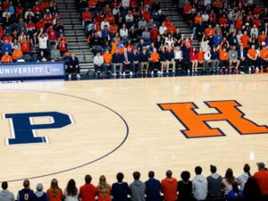 Crowd cheering at University of Pennsylvania basketball game against Princeton