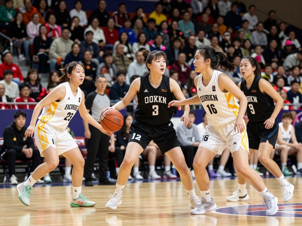 Women's basketball teams competing during a game