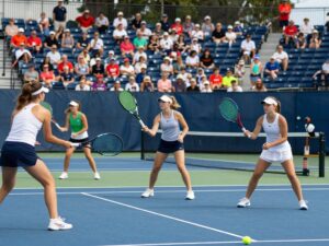 Female collegiate tennis players practicing on the court at the University of Pennsylvania.