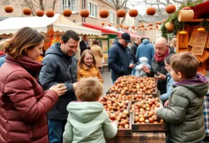 Families celebrating at the Pennsylvania Chestnut Festival with roasted chestnuts and local artisans.
