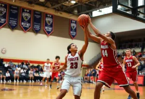 High school basketball players compete during a game in Pennsylvania.
