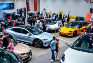 Visitors exploring electric vehicles at the Philadelphia Auto Show