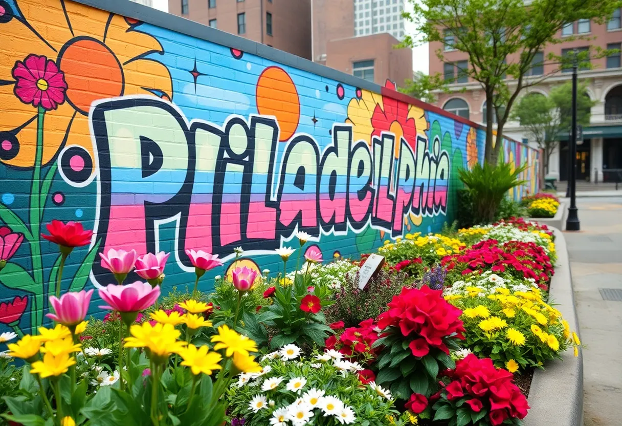 Mural representing Philadelphia's culture and flowers adorning a city gateway