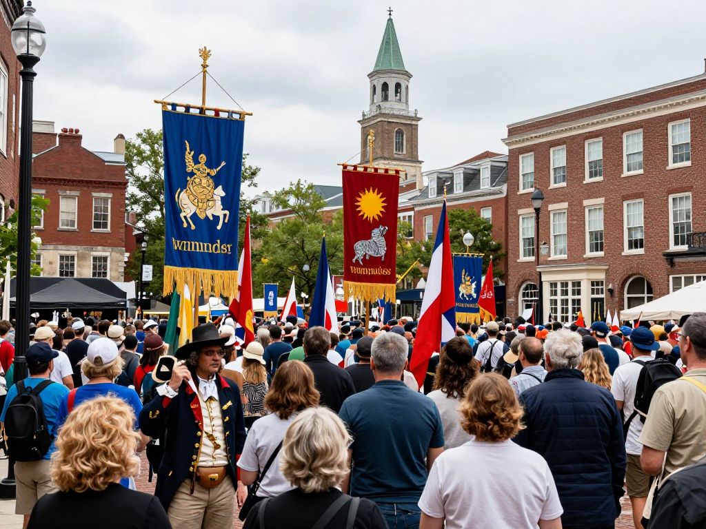 A vibrant celebration in Philadelphia for America's 250th anniversary with historical elements.