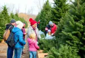 Families participating in a Christmas tree recycling event in Philadelphia.