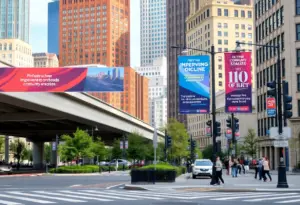 Cityscape of Philadelphia with banners for events