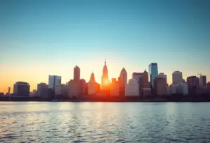 A view of Philadelphia's financial district with skyscrapers.