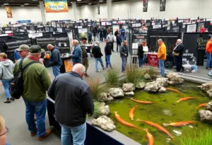 Vibrant scene from the Philadelphia Fishing Show with booths and visitors