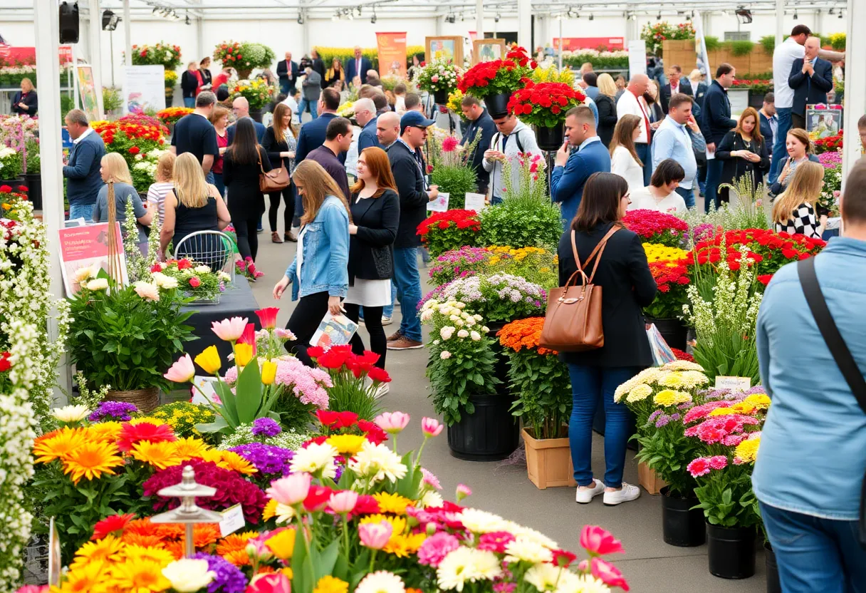Attendees at the Philadelphia Flower Show surrounded by colorful flowers and gardening installations