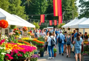 Crowd at a Philadelphia garden event with colorful flowers and exhibits
