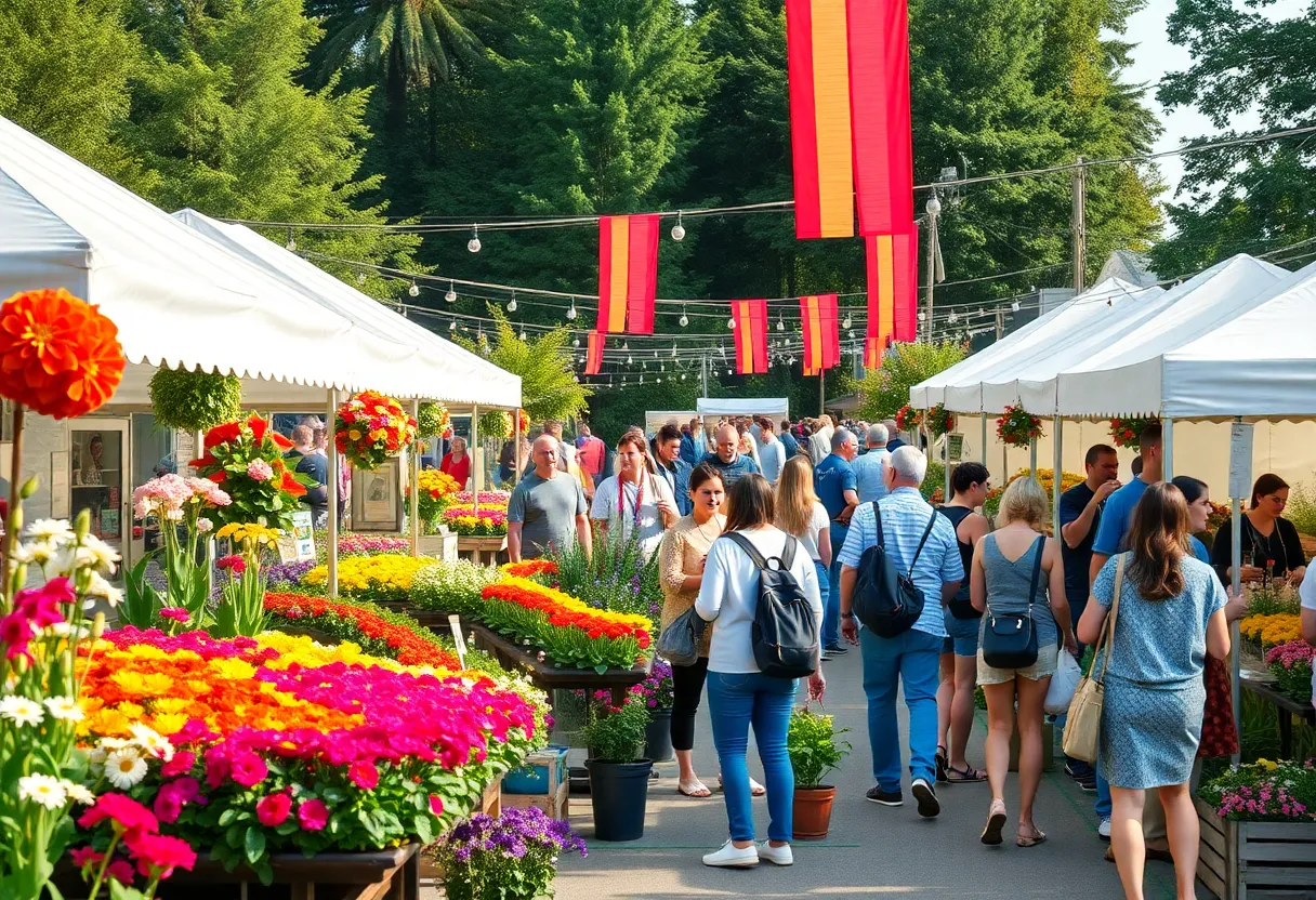 Crowd at a Philadelphia garden event with colorful flowers and exhibits