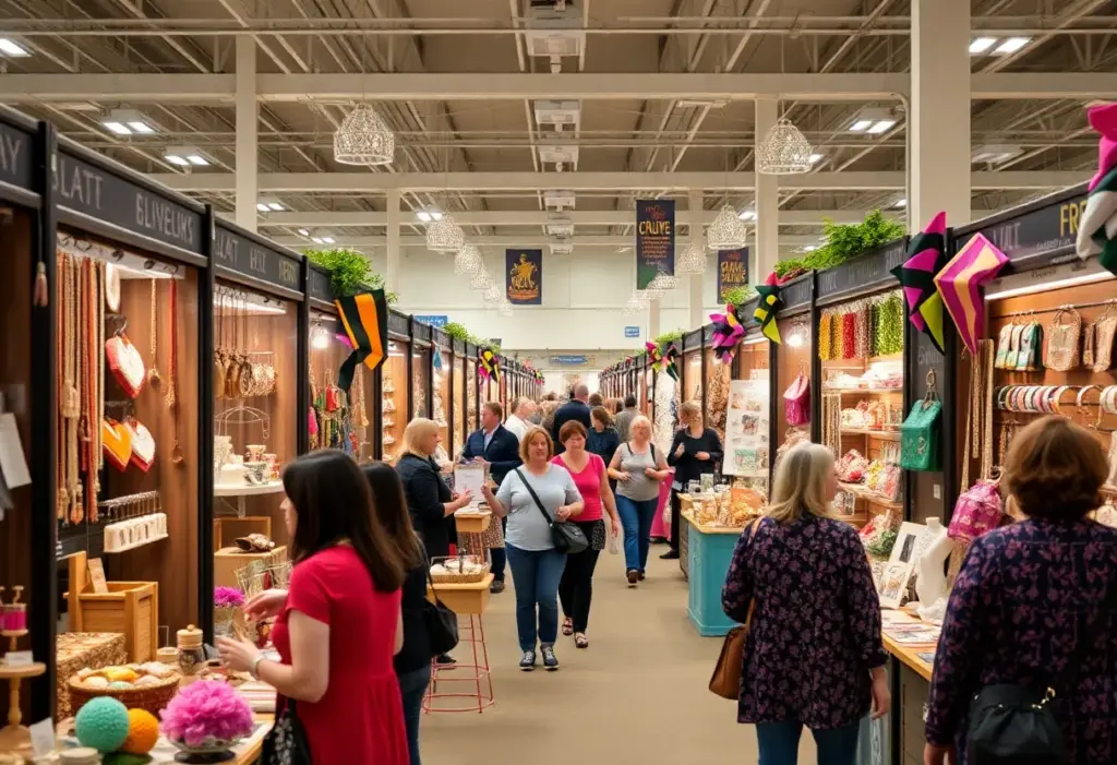 A bustling Philadelphia Gift Show with exhibitors showcasing handmade products.