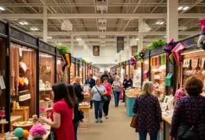 A bustling Philadelphia Gift Show with exhibitors showcasing handmade products.