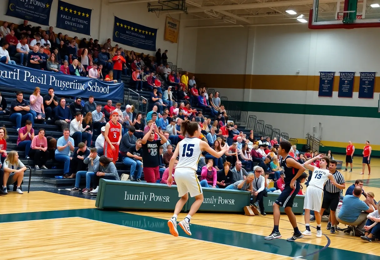 High school basketball players in action during a game