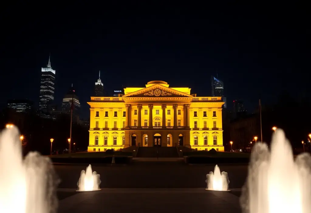 Philadelphia buildings illuminated in yellow for Holocaust Remembrance Day