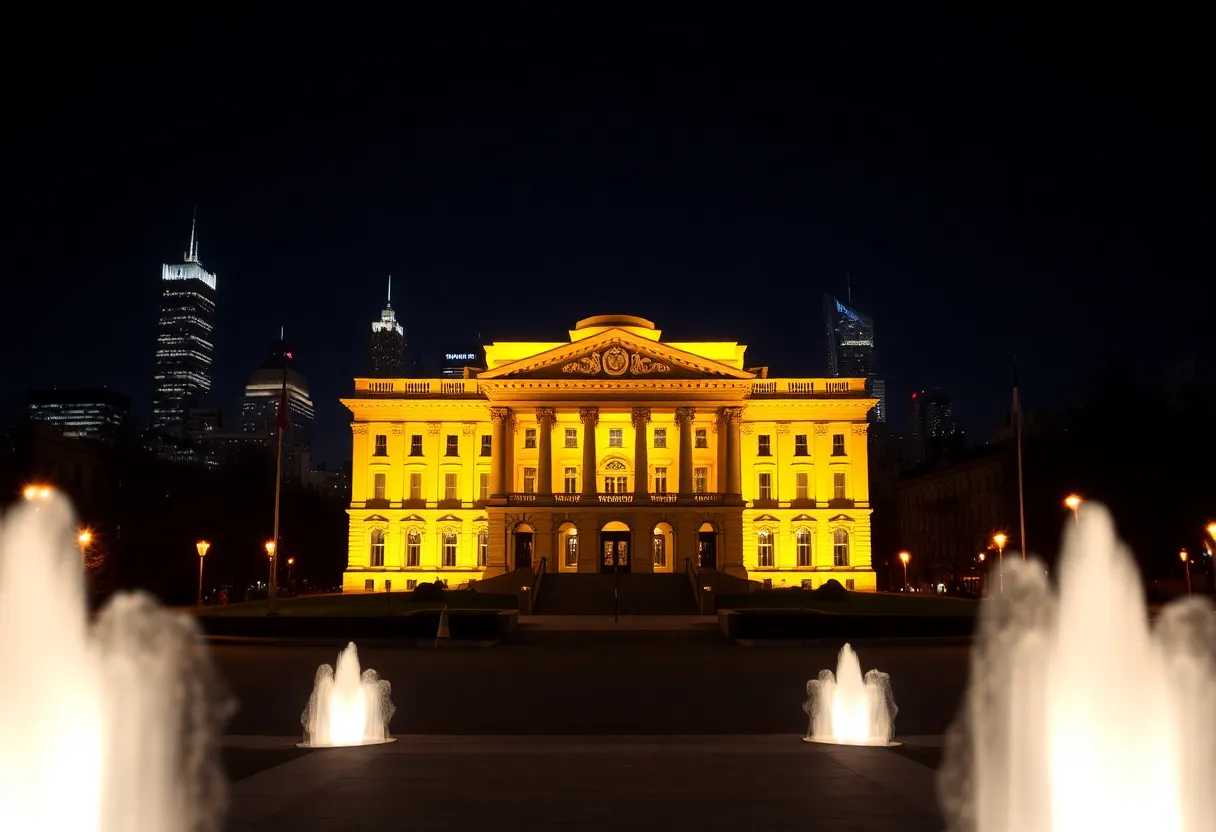 Philadelphia buildings illuminated in yellow for Holocaust Remembrance Day