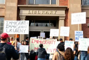 Group of people protesting for immigrant rights outside a library in Philadelphia