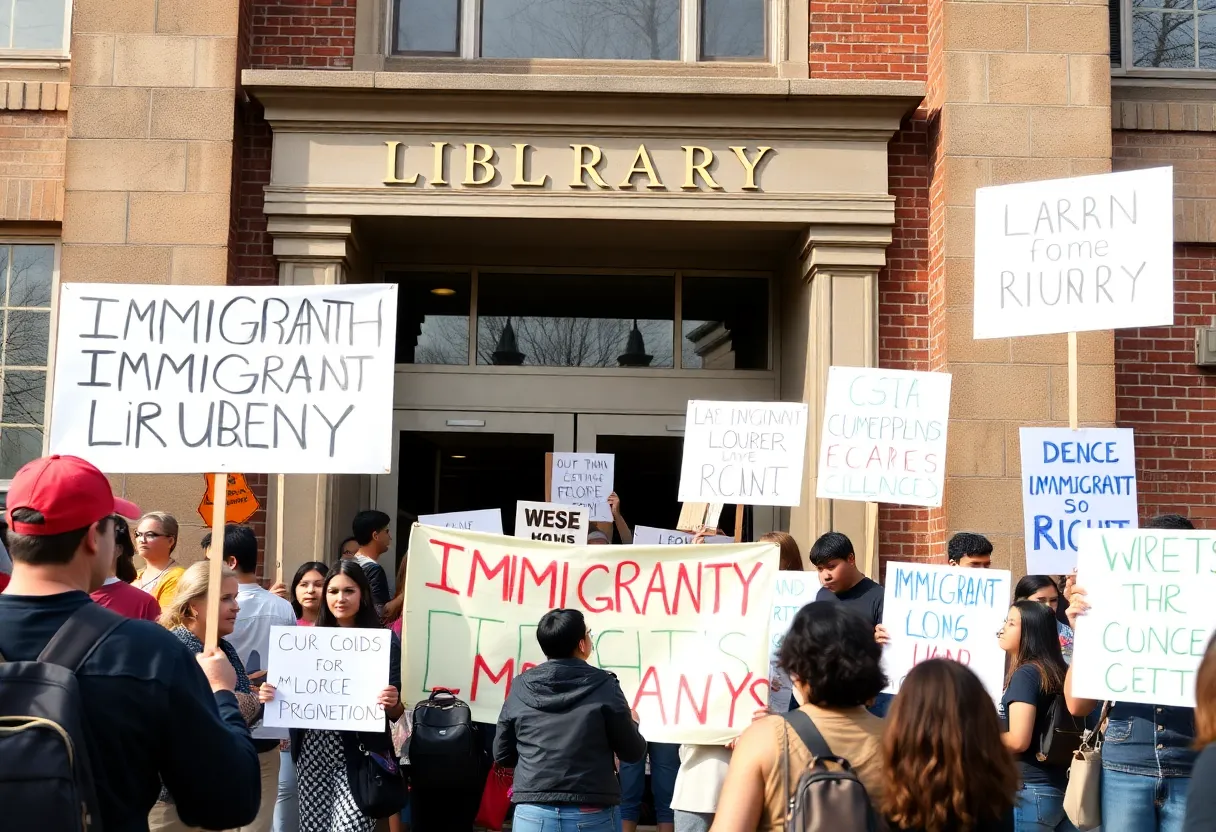 Group of people protesting for immigrant rights outside a library in Philadelphia