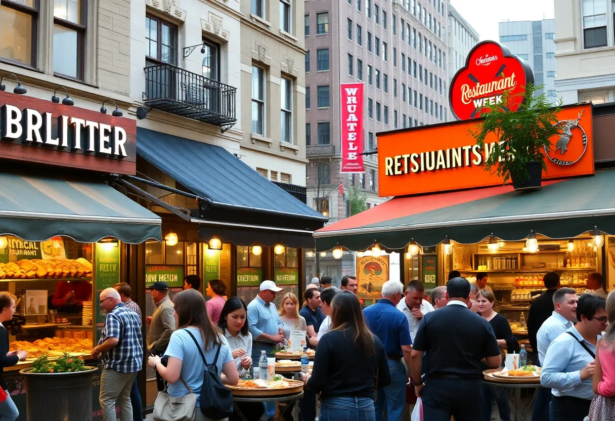 People dining outdoors during Philadelphia Restaurant Week, enjoying a variety of dishes.