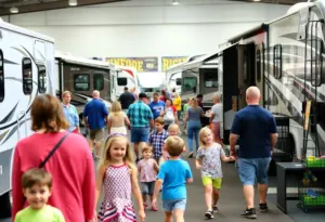 Families enjoying the Philadelphia RV Show with various RV models displayed
