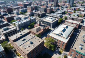 Aerial view of schools in Philadelphia showing various conditions