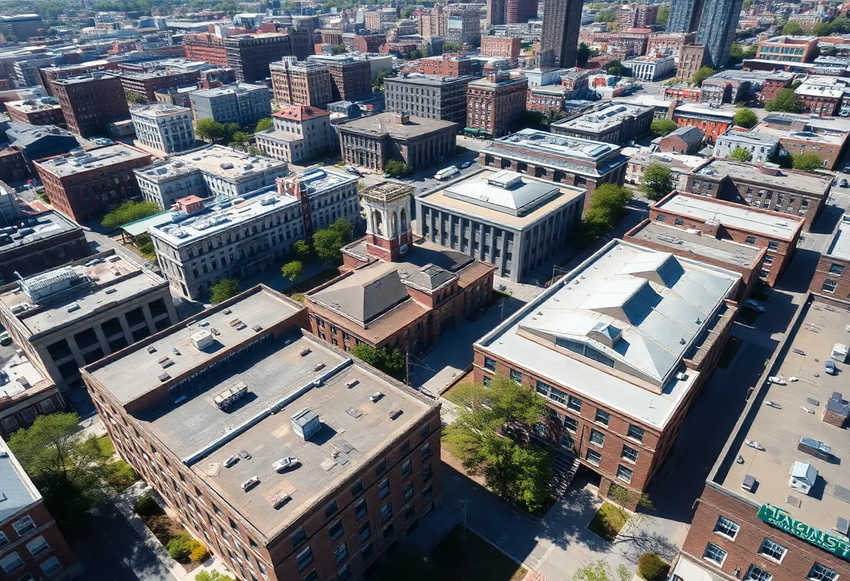 Aerial view of schools in Philadelphia showing various conditions