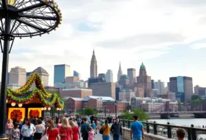 Philadelphia skyline featuring cultural events and tourists.