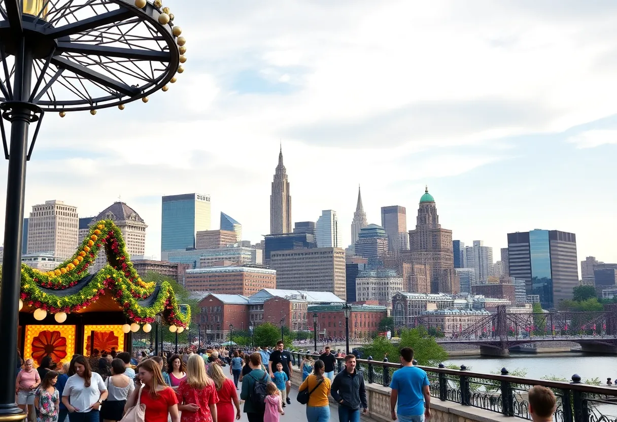 Philadelphia skyline featuring cultural events and tourists.