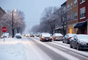 A street in Philadelphia during a heavy snowstorm with accumulation on cars and trees.
