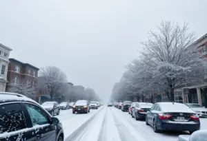 Heavy snowfall in Philadelphia streets during a snowstorm.