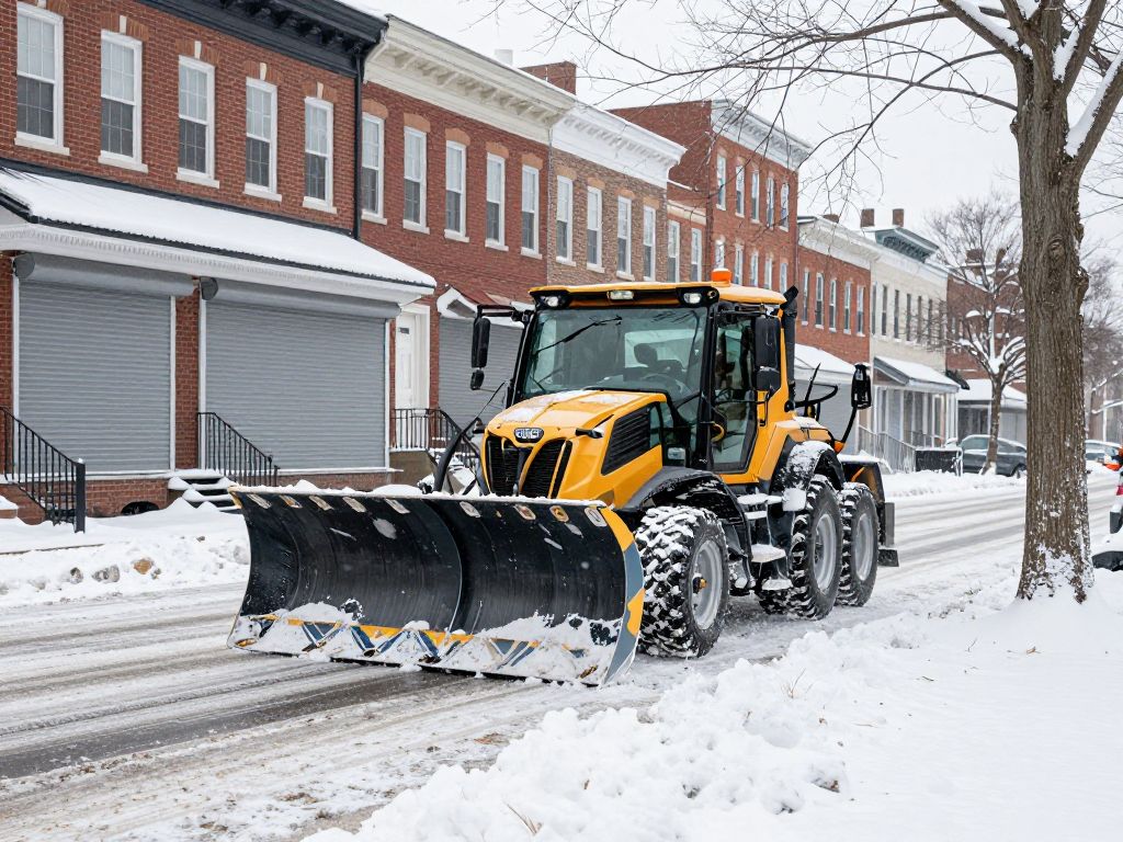 A snowy street in Philadelphia with snow-covered school buildings and vehicles.