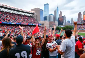 Fans celebrating Philadelphia's sports events with iconic landmarks in the background.