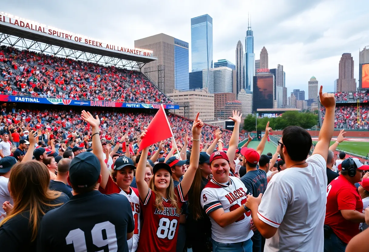 Fans celebrating Philadelphia's sports events with iconic landmarks in the background.