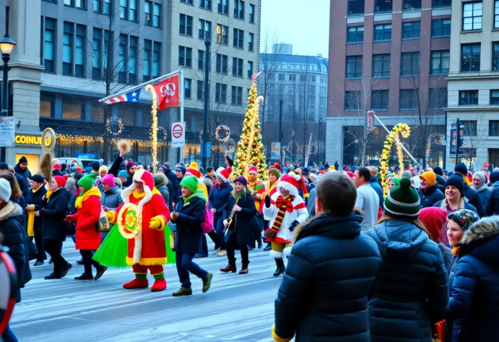 Participants in colorful costumes during a winter parade in Philadelphia