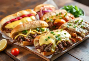 A variety of Philly cheesesteak sandwiches with beef, chicken, and Halal options on a wooden table.