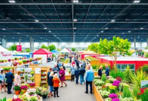 Crowd at the Philly Home + Garden Show with various exhibitors and feature gardens