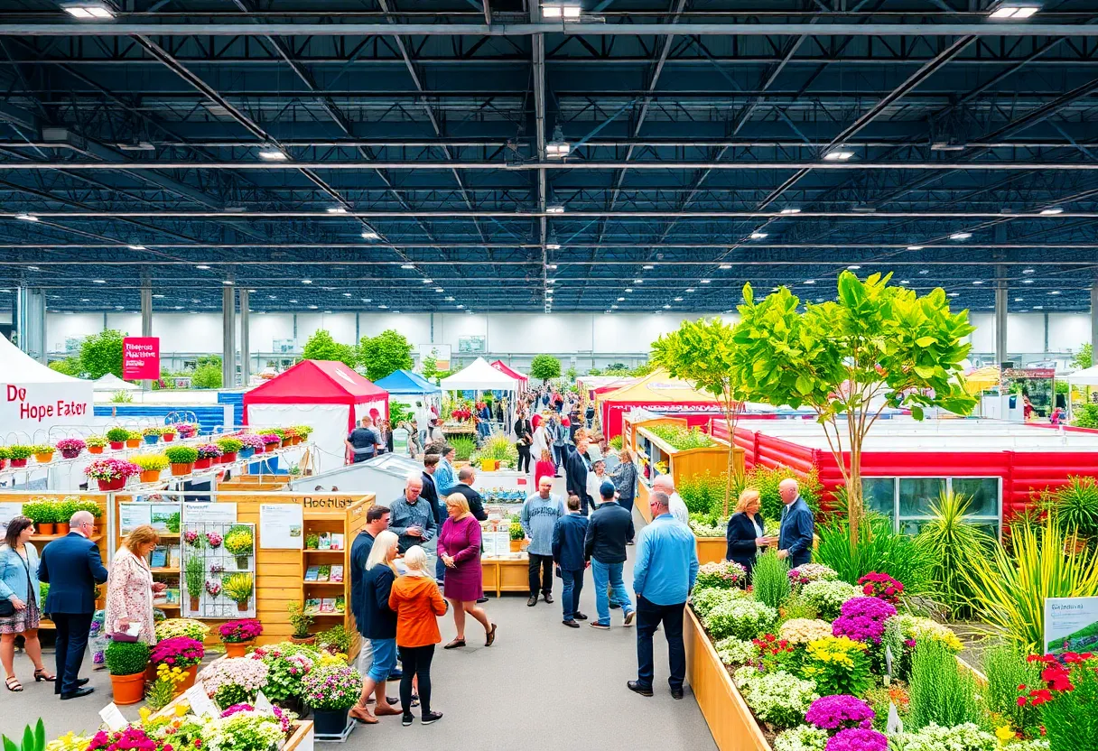 Crowd at the Philly Home + Garden Show with various exhibitors and feature gardens