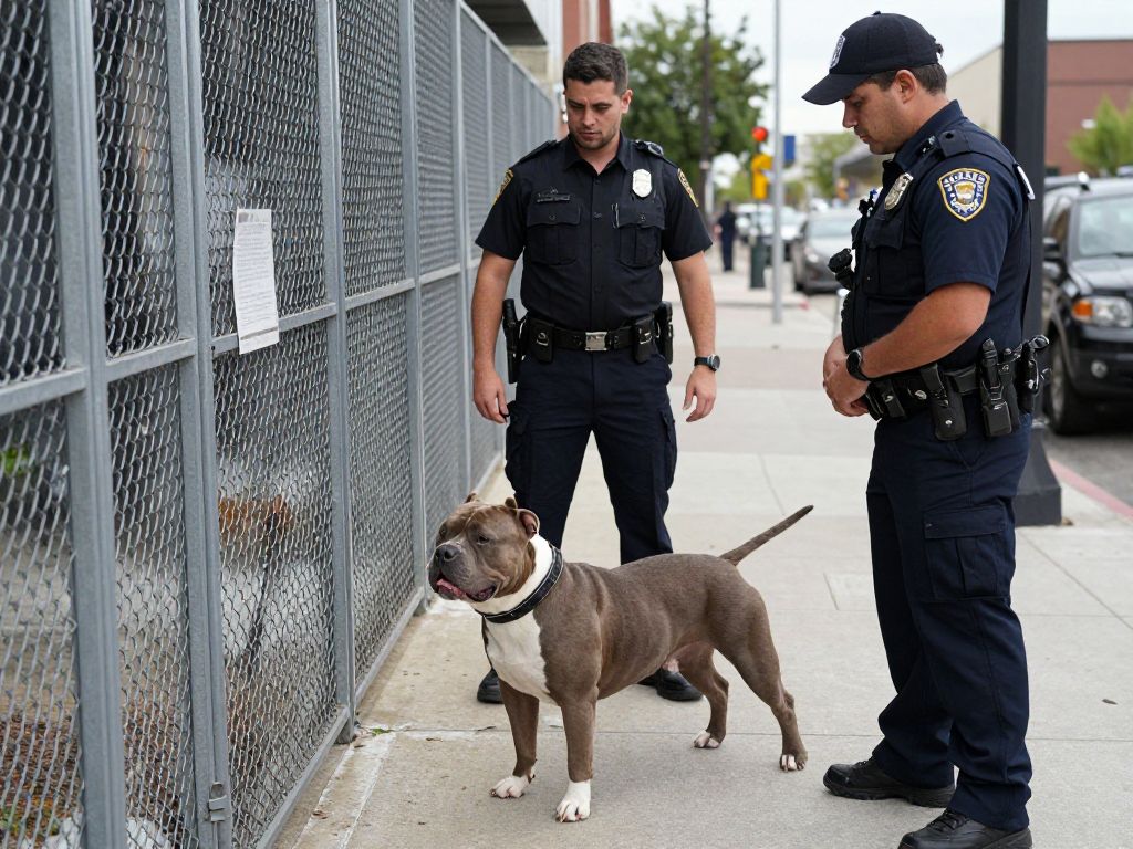 A pit bull secured by authorities in an urban environment.