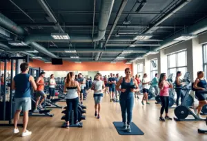 Interior view of Planet Fitness Berwyn showing people exercising.