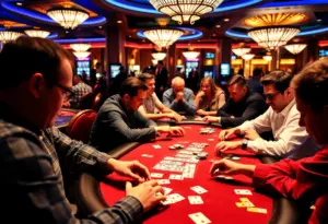 Casino poker tournament atmosphere with players and cards