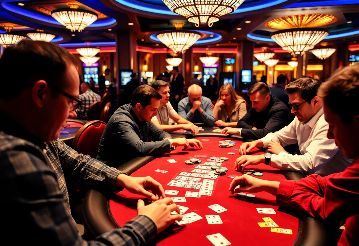 Casino poker tournament atmosphere with players and cards