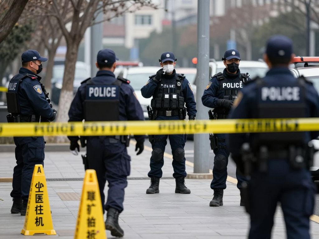 Crime scene investigation with police tape and evidence markers.