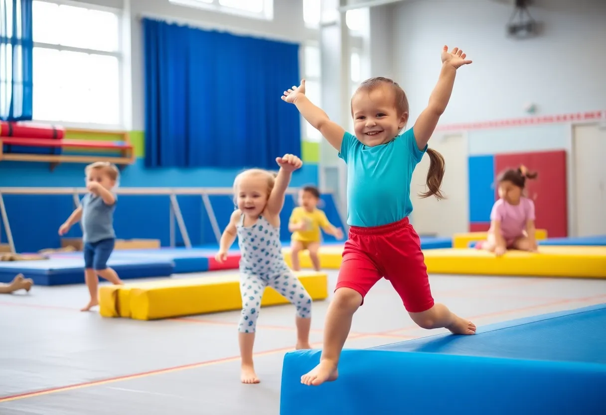Children participating in a preschool gymnastics class in Lancaster, PA.