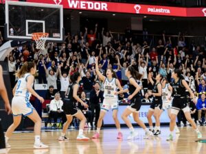 Princeton Women's Basketball team celebrating their win at Palestra